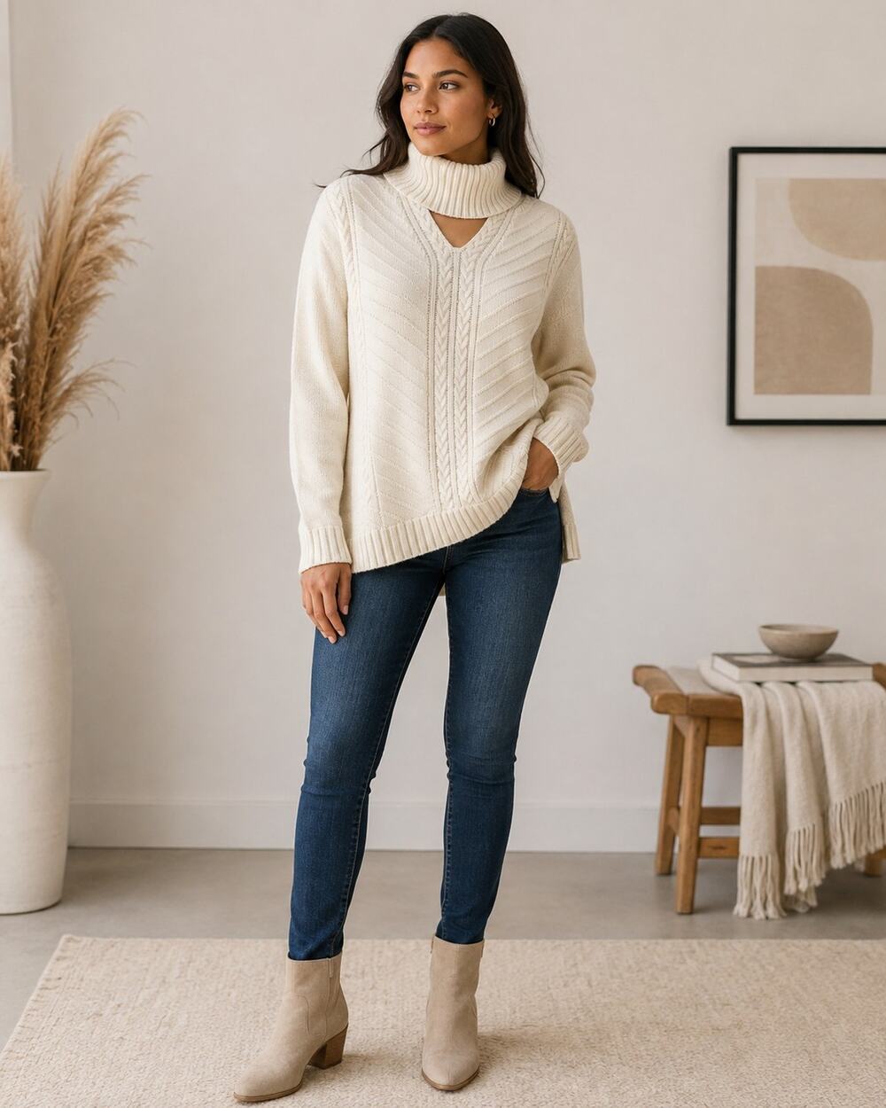 Isaac Mizrahi Live Small Ivory Cable Knit Cutout Turtleneck Sweater